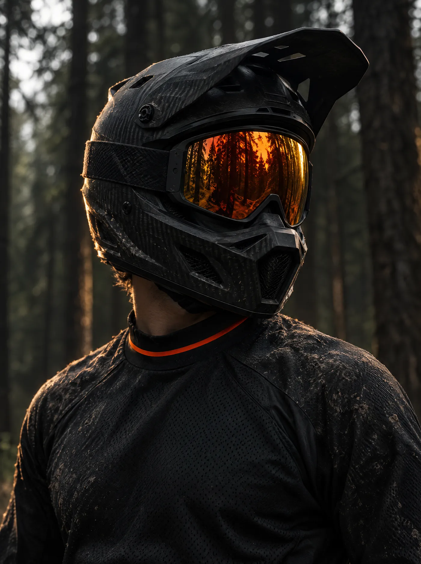 Downhill-Fahrer mit Carbon-Integralhelm und orange verspiegelter Brille